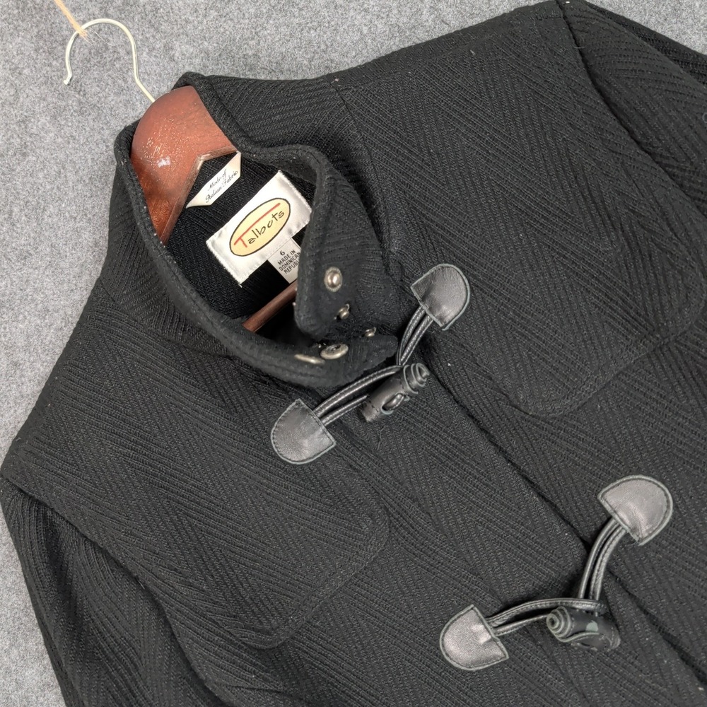Talbots Black Wool Blend Herringbone Toggle Duffle Jacket Size 6 Funnel Neck